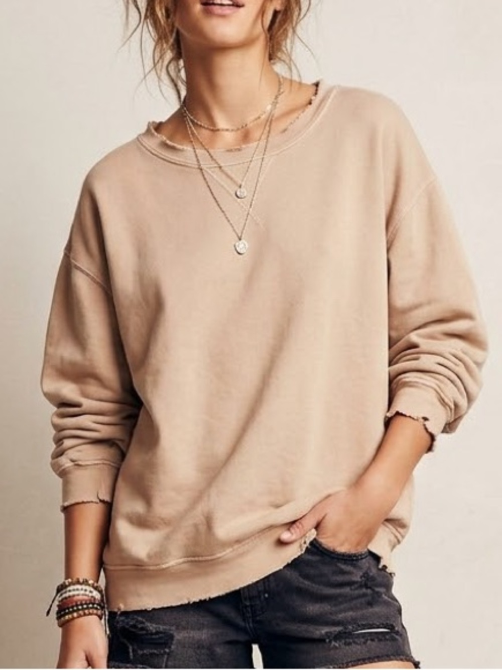 Free People Oversized Crewneck Sweatshirt Size Large Distressed Boho Pullover